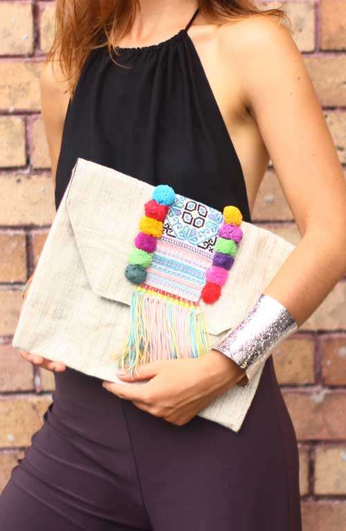 Vintage Hemp Boho Bag - Pom Pom Tassel