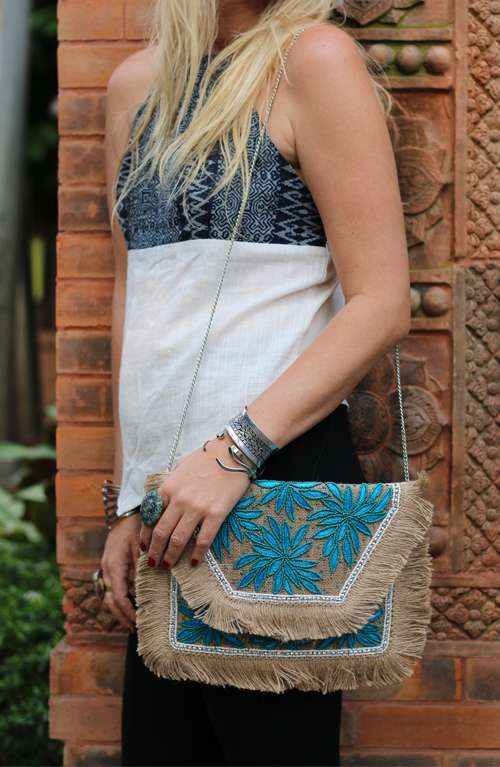 Aphrodite Blue Jute Beaded Indian Clutch