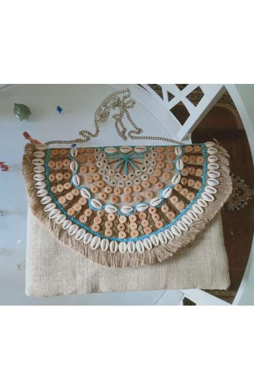 Blue Boho Vegan Jute Clutch Bag With Shell And Bead Decorations