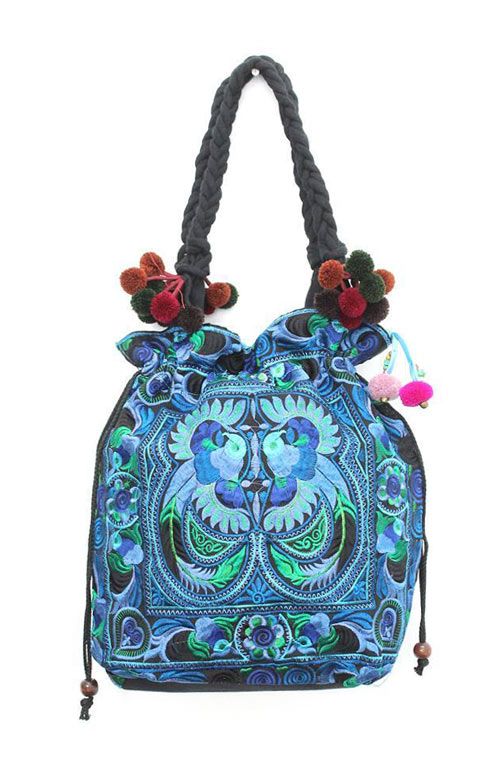 Tribe Azure Floral Embroidered Blue Shoulder Tote Bag Boho Gypsy Hippie  Cotton Lightweight Roomy Spacious Cute Colorful School Laptop Books Large