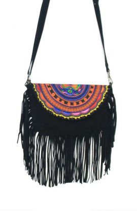 Black Suede Hmong Fringe Bag